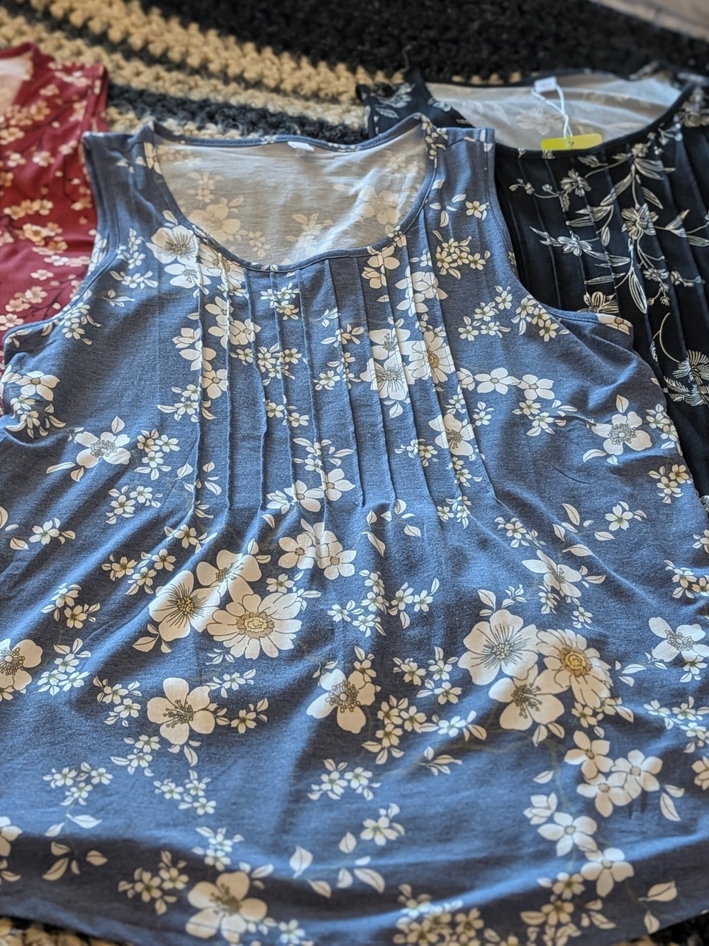 Floral Pleated Sleeveless Tank Tops- Blue, Burgundy, Black